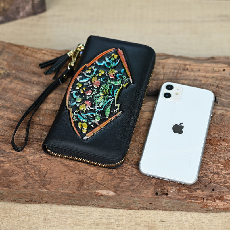 Vintage Cowhide Long Women's Clutch Bag, Multi Card Embossed Leather Zipper Bag