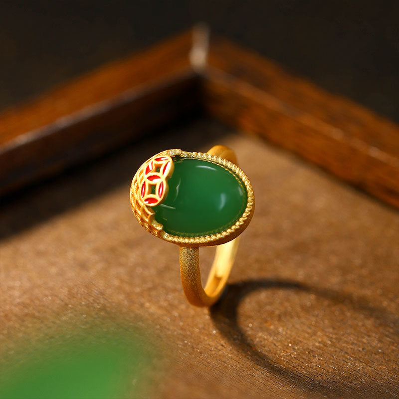 Red Riding Book Ring with Real Gold Plating and Imitation Emerald, Wealth Rolling Egg Design