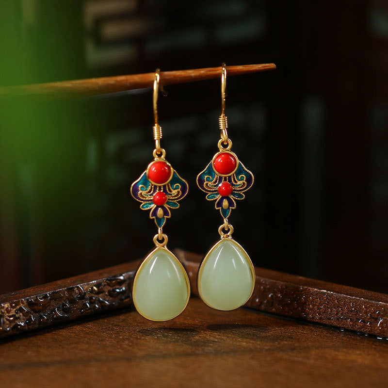 Mirror technology Enamel cloisonne imitation jade Ruyi water drop earrings