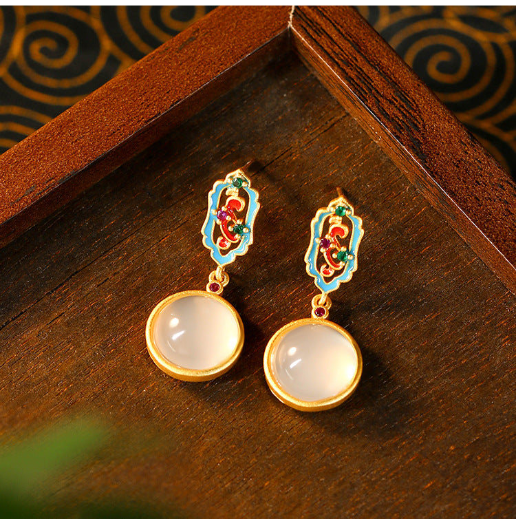 Enamel Glaze Inlaid Natural Chalcedony Round 925 Silver Needle Earrings
