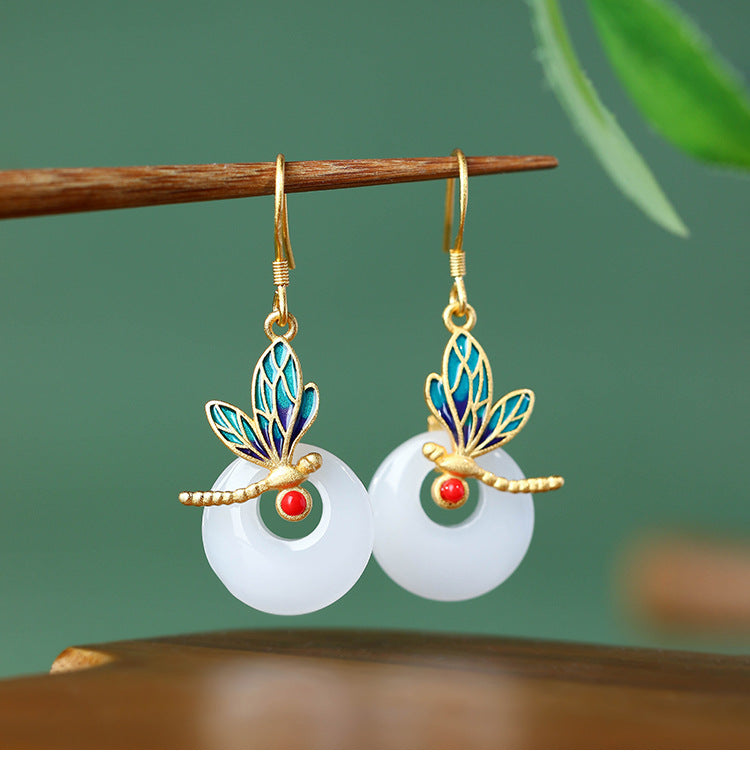 True Gold Color Gold-plated Imitation Hetian Jade Safety Buckle Enamel Dragonfly Round Earrings