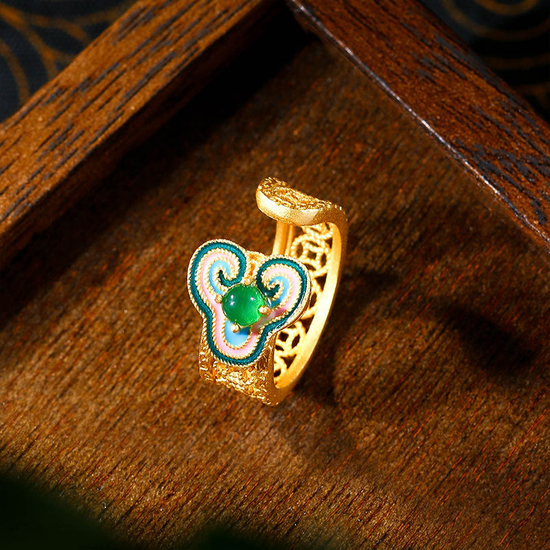 Retro Gold Plated Enamel Hollow Xiangyun Imitation Hetian Jade Ring for Cheongsam Hanfu