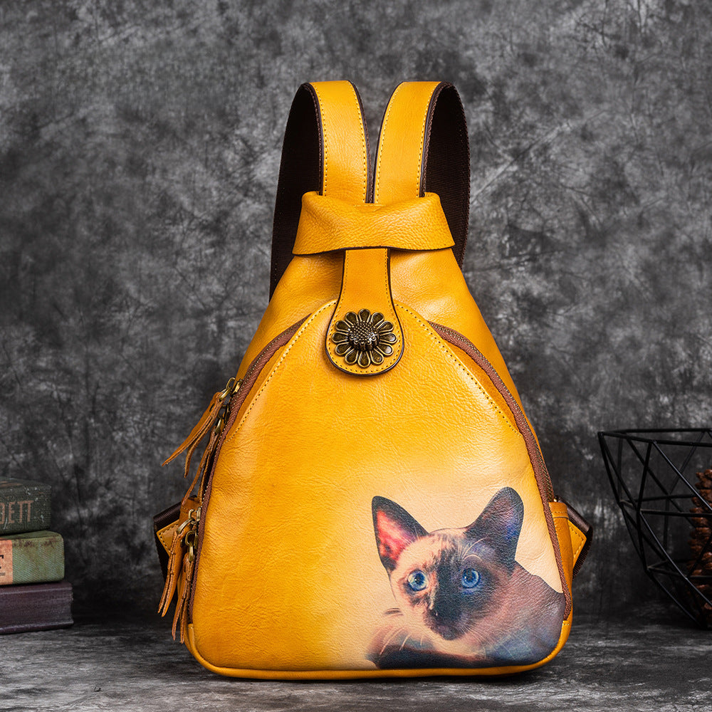 Vintage First Layer Cowhide Multi-Purpose Leather Backpack with Color Printing and Hand-Wiped Vegetable Tanning
