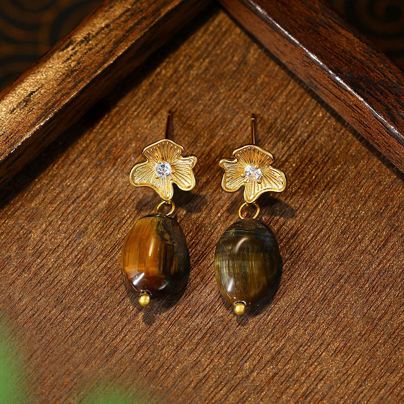Vintage Tiger Eye Ginkgo Leaf Earrings, All-match and High-end