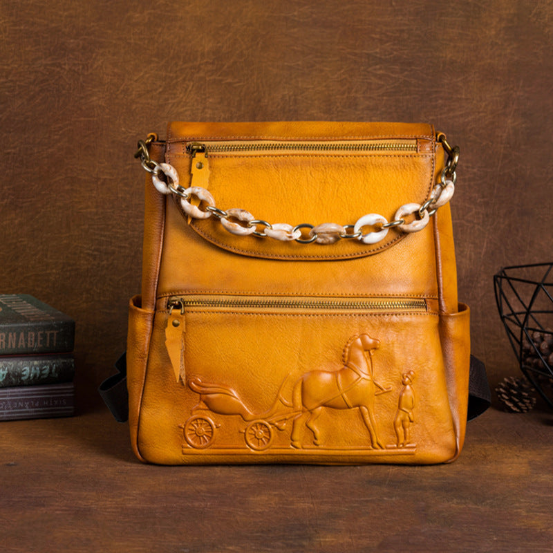 Top layer cowhide embossed handmade leather backpack
