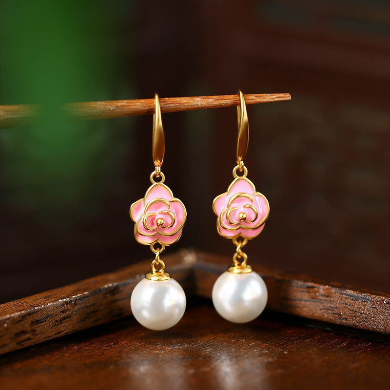 Enamel Glaze Camellia Crystal Pearl Women's Retro Earrings