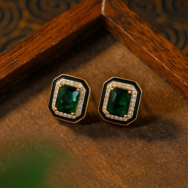 Paraiba Suit Simple Princess Square Green Diamond Light Luxury Black Enamel Earrings for Women