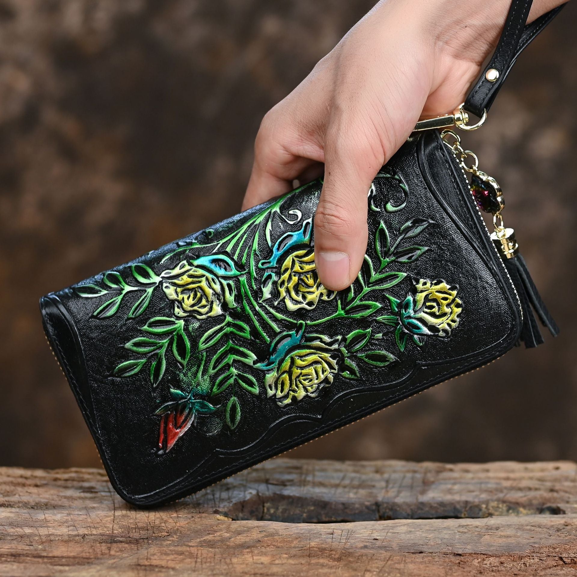 Retro Leather Wallet, Large Capacity, Multi-card, Embossed, Handmade, Colorable Zipper Bag