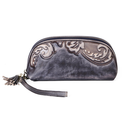 Retro leather women's handbag with embossed pattern and hand - polished finish