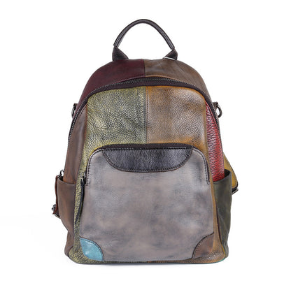 Vintage Style Handmade Color Blocking Cowhide Shoulder Bag, Retro Crossbody Double Strap Ladies Purse