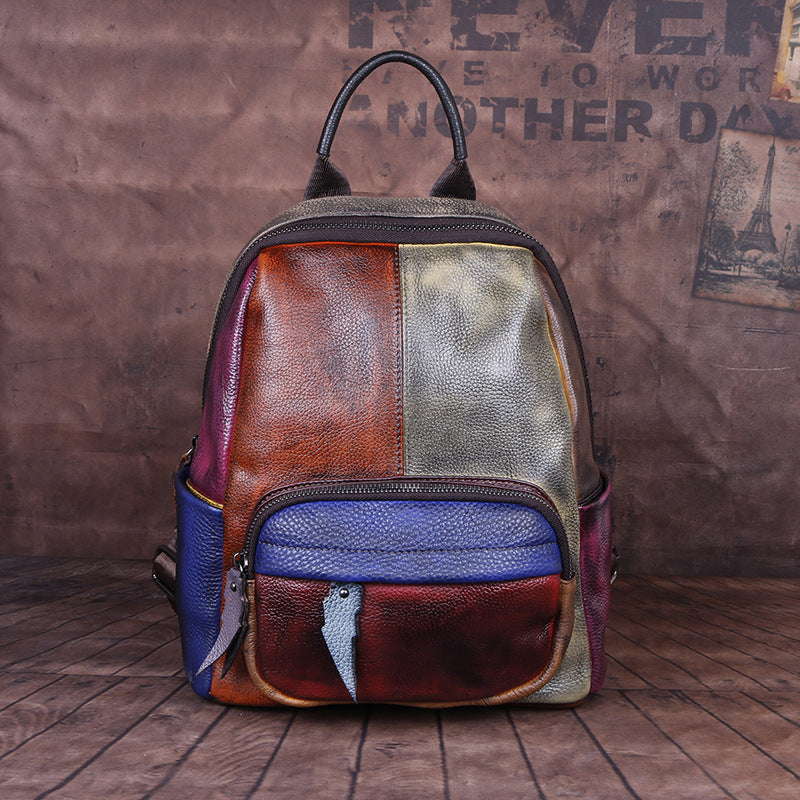 Cowhide Color Blocking Handmade Outdoor Genuine Leather Backpack