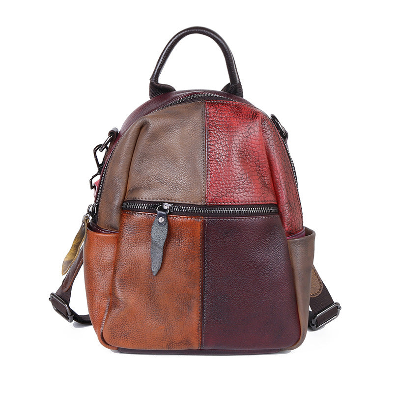 Cowhide Color Blocking Handmade Outdoor Genuine Leather Backpack