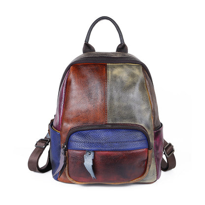 Cowhide Color Blocking Handmade Outdoor Genuine Leather Backpack