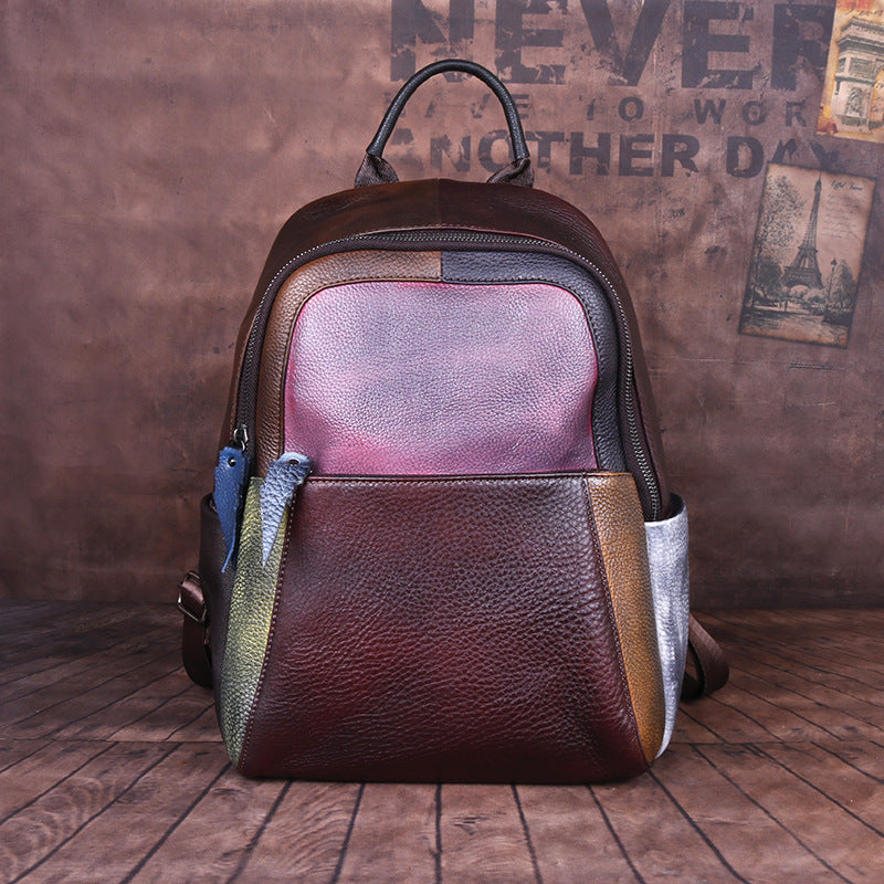 Vintage Style Handmade Color Blocking Cowhide Shoulder Bag, Retro Crossbody Double Strap Ladies Purse