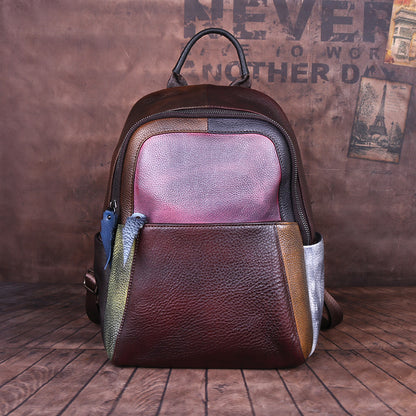 Vintage Style Handmade Color Blocking Cowhide Shoulder Bag, Retro Crossbody Double Strap Ladies Purse