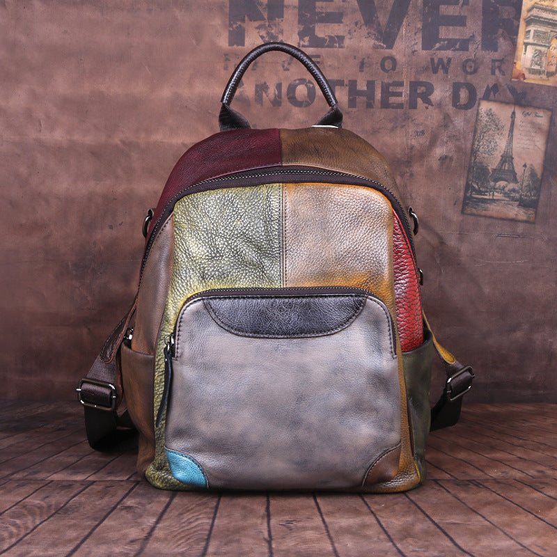 Vintage Style Handmade Color Blocking Cowhide Shoulder Bag, Retro Crossbody Double Strap Ladies Purse