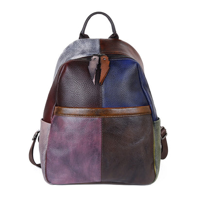 Vintage Style Handmade Color Blocking Cowhide Shoulder Bag, Retro Crossbody Double Strap Ladies Purse