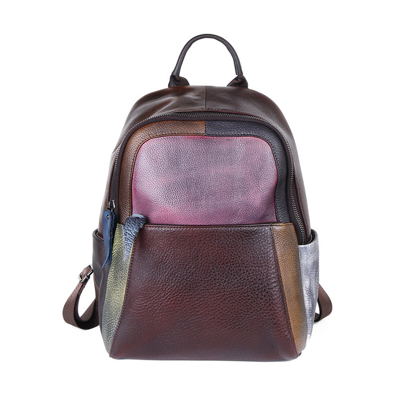 Vintage Style Handmade Color Blocking Cowhide Shoulder Bag, Retro Crossbody Double Strap Ladies Purse