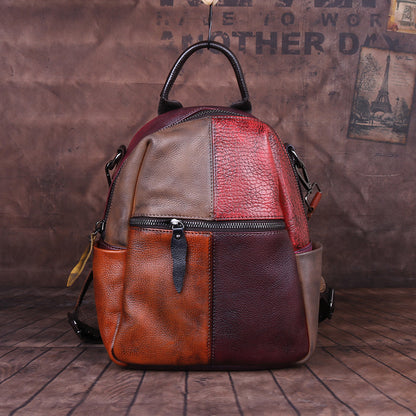Cowhide Color Blocking Handmade Outdoor Genuine Leather Backpack