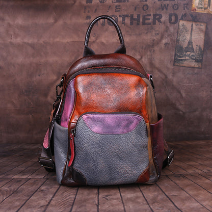 Cowhide Color Blocking Handmade Outdoor Genuine Leather Backpack