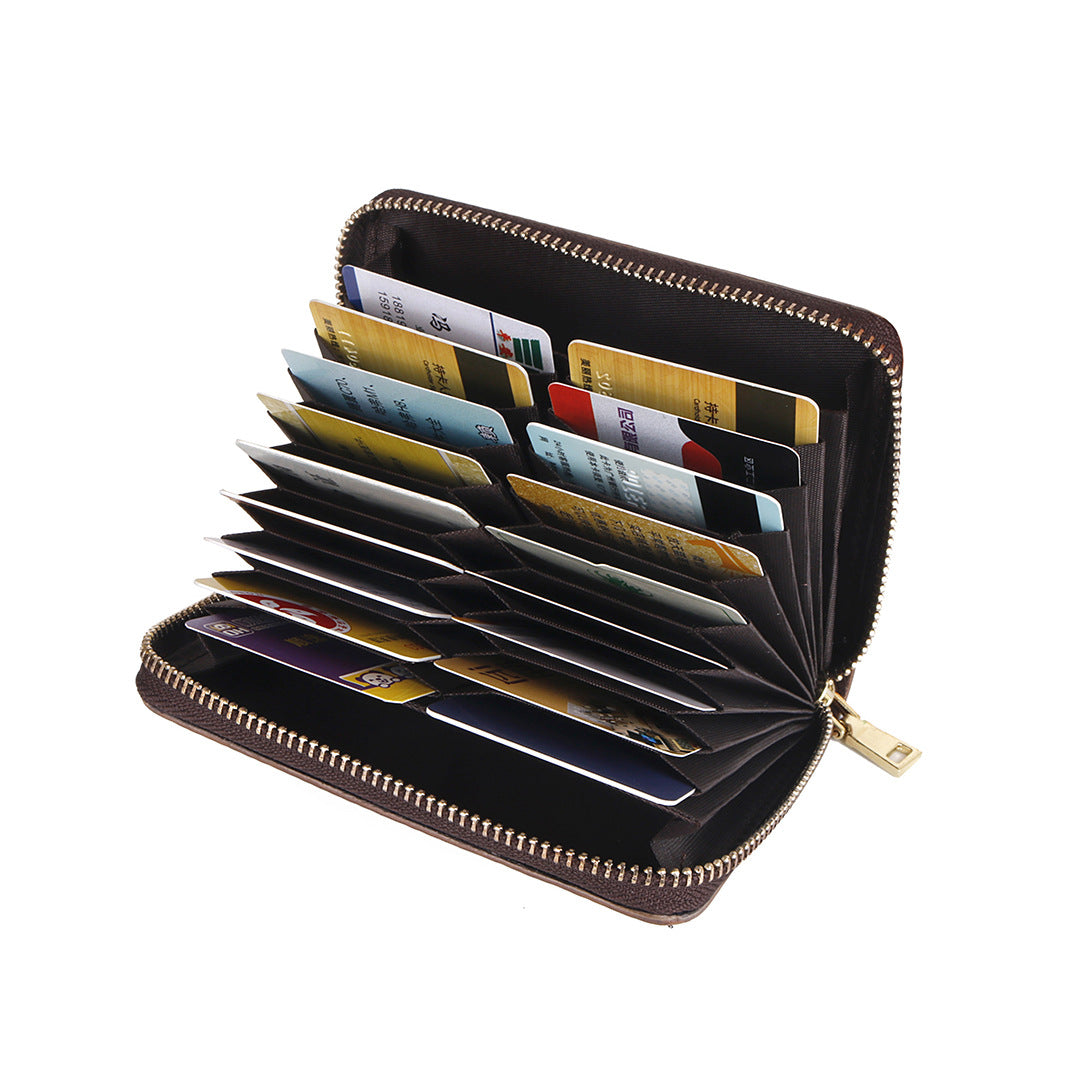 Top Layer Cowhide Embossed Hand Color Large Capacity Zipper Organ Card Bag Vintage Genuine Leather Coin Purse