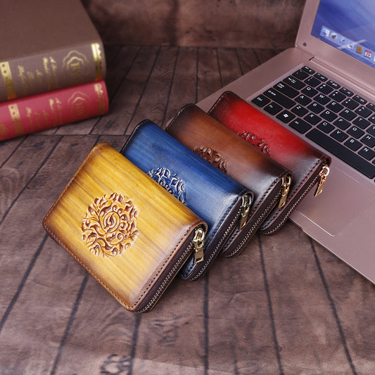 Top Layer Cowhide Embossed Hand Color Large Capacity Zipper Organ Card Bag Vintage Genuine Leather Coin Purse