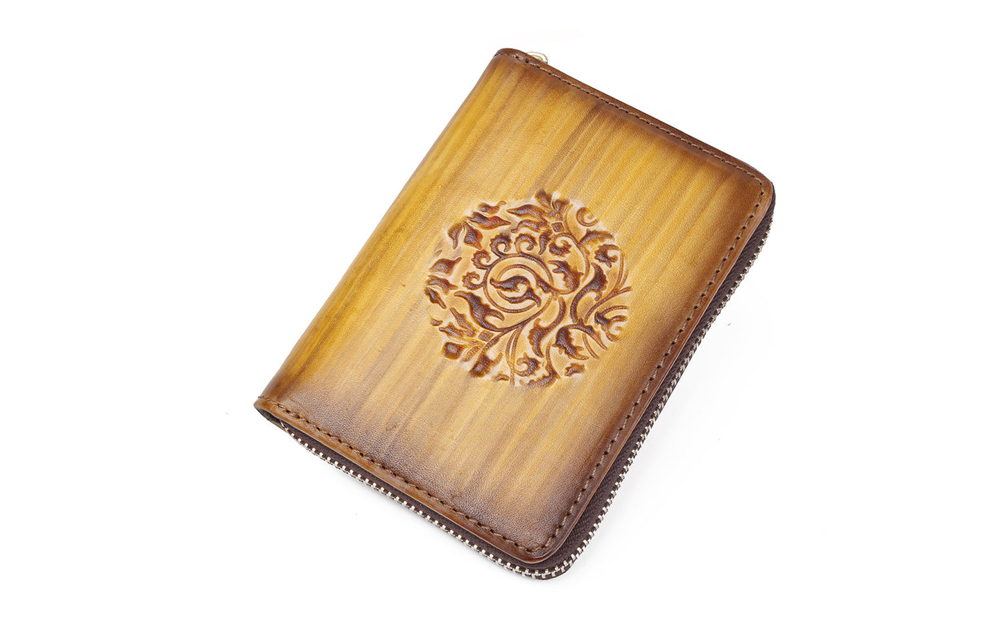 Top Layer Cowhide Embossed Hand Color Large Capacity Zipper Organ Card Bag Vintage Genuine Leather Coin Purse