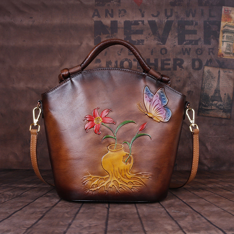 Vintage Embossed One-Shoulder Diagonal Portable Bucket Bag in Top Layer Cowhide
