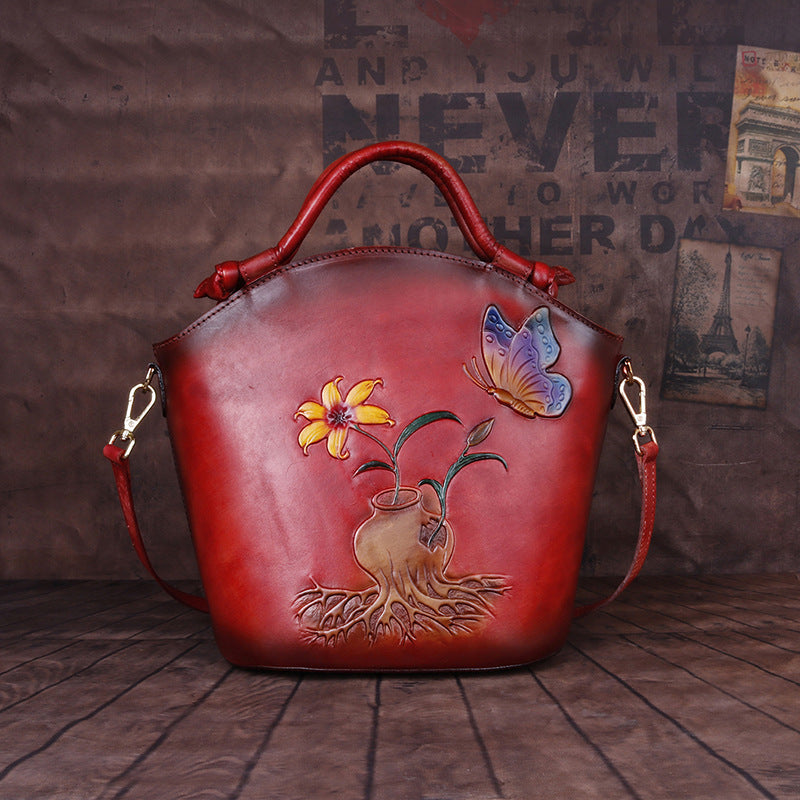 Vintage Embossed One-Shoulder Diagonal Portable Bucket Bag in Top Layer Cowhide