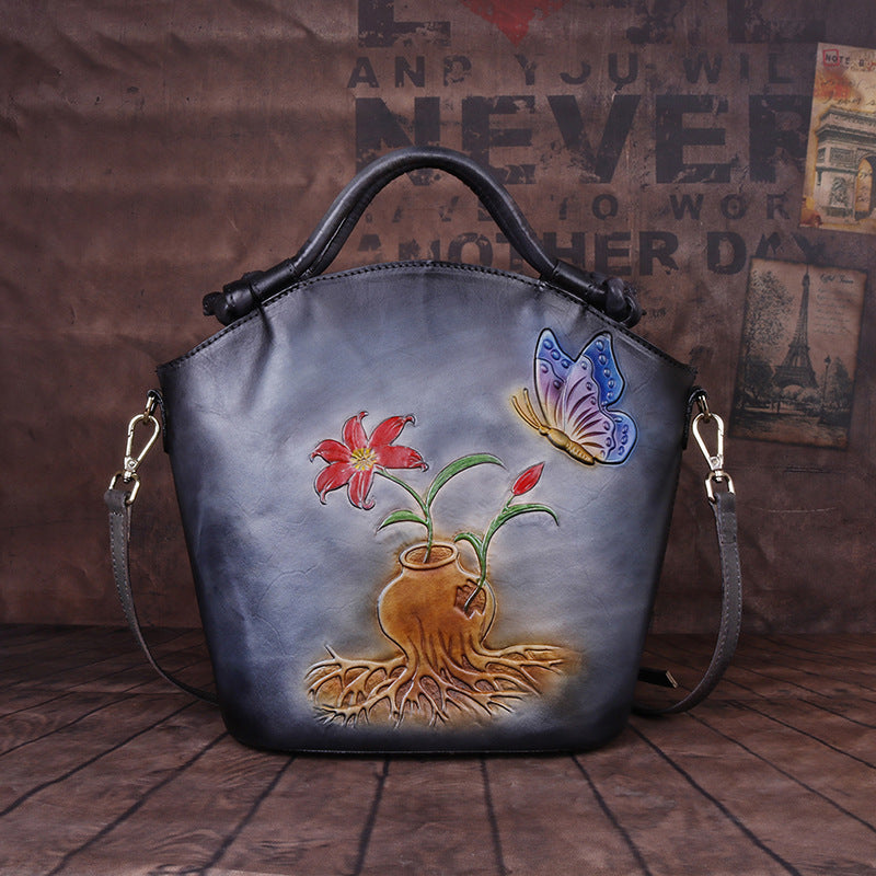 Vintage Embossed One-Shoulder Diagonal Portable Bucket Bag in Top Layer Cowhide