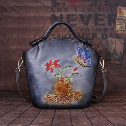 Vintage Embossed One-Shoulder Diagonal Portable Bucket Bag in Top Layer Cowhide