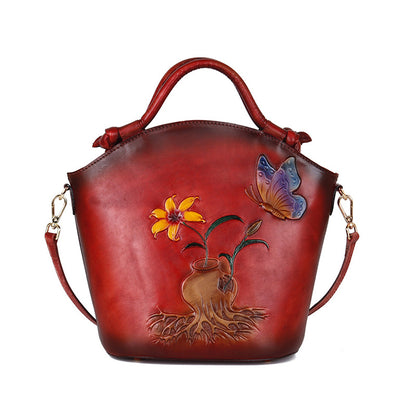 Vintage Embossed One-Shoulder Diagonal Portable Bucket Bag in Top Layer Cowhide