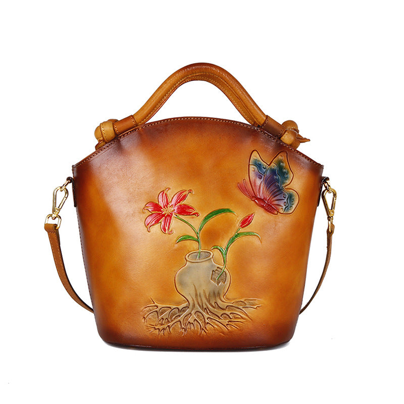 Vintage Embossed One-Shoulder Diagonal Portable Bucket Bag in Top Layer Cowhide