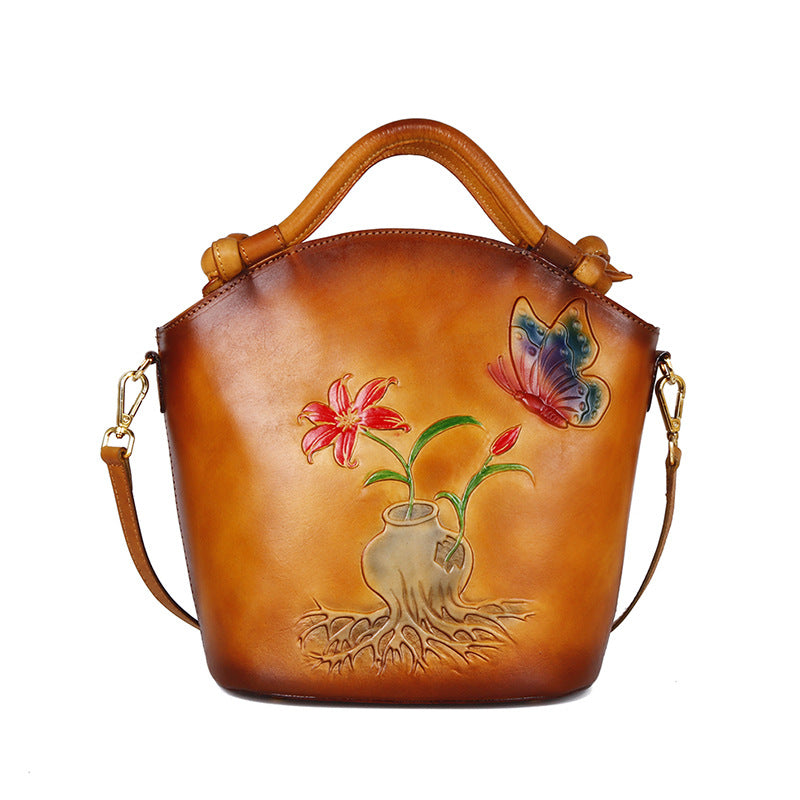 Vintage Embossed One-Shoulder Diagonal Portable Bucket Bag in Top Layer Cowhide
