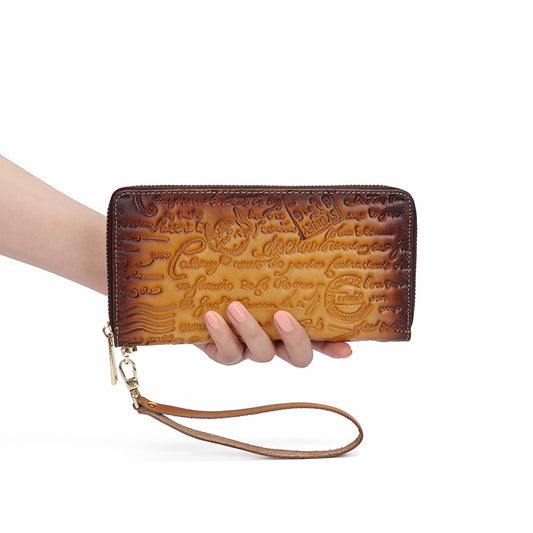 Ladies Long Style Leather Bifold Wallet in Red Brown, Large Capacity