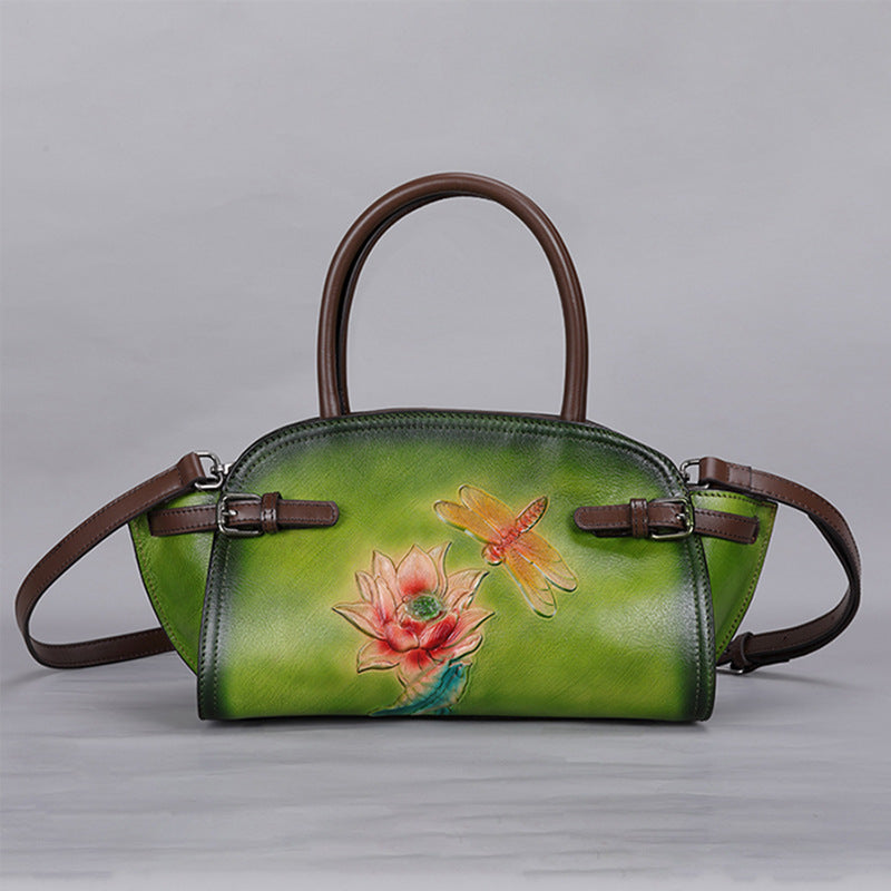 Retro Genuine Leather Women's Crossbody Bag with Embossed Butterfly Love Flower Tree Design