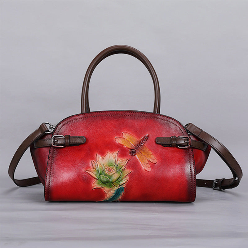Retro Genuine Leather Women's Crossbody Bag with Embossed Butterfly Love Flower Tree Design