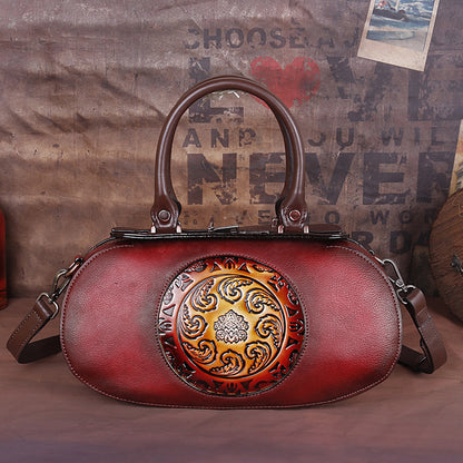 Vintage Genuine Leather Women's Crossbody Bag with Embossed Tree Design and Hand - Brushed Finish