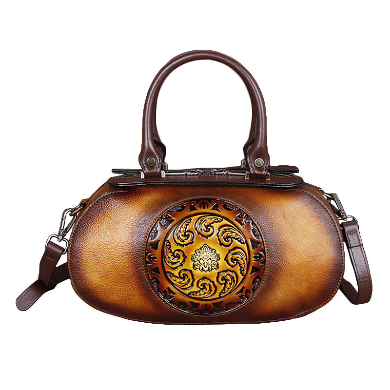 Vintage Genuine Leather Women's Crossbody Bag with Embossed Tree Design and Hand - Brushed Finish