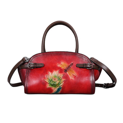 Retro Genuine Leather Women's Crossbody Bag with Embossed Butterfly Love Flower Tree Design