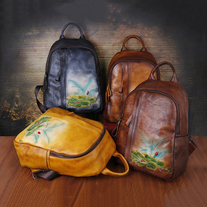 Retro Genuine Leather Women's Backpack with Embossed Design and Large Capacity