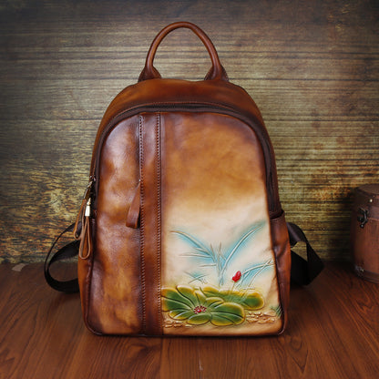 Retro Genuine Leather Women's Backpack with Embossed Design and Large Capacity