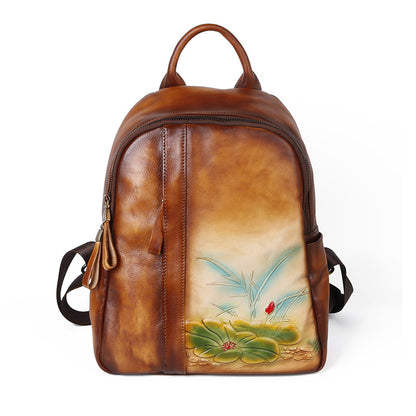 Retro Genuine Leather Women's Backpack with Embossed Design and Large Capacity