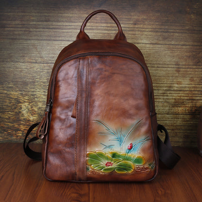 Retro Genuine Leather Women's Backpack with Embossed Design and Large Capacity