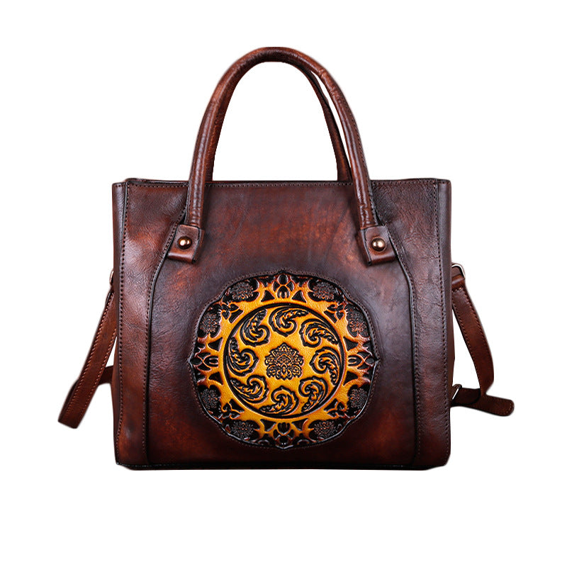 Top Layer Cowhide Women's Crossbody Bag, Vegetable Tanned Leather, Embossed & Hand-polished