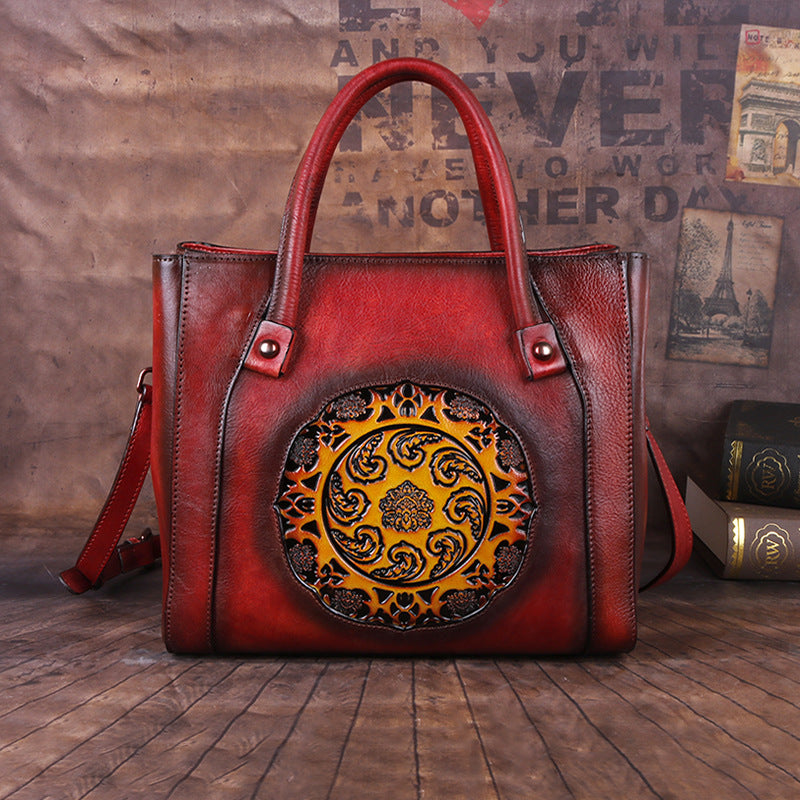 Top Layer Cowhide Women's Crossbody Bag, Vegetable Tanned Leather, Embossed & Hand-polished