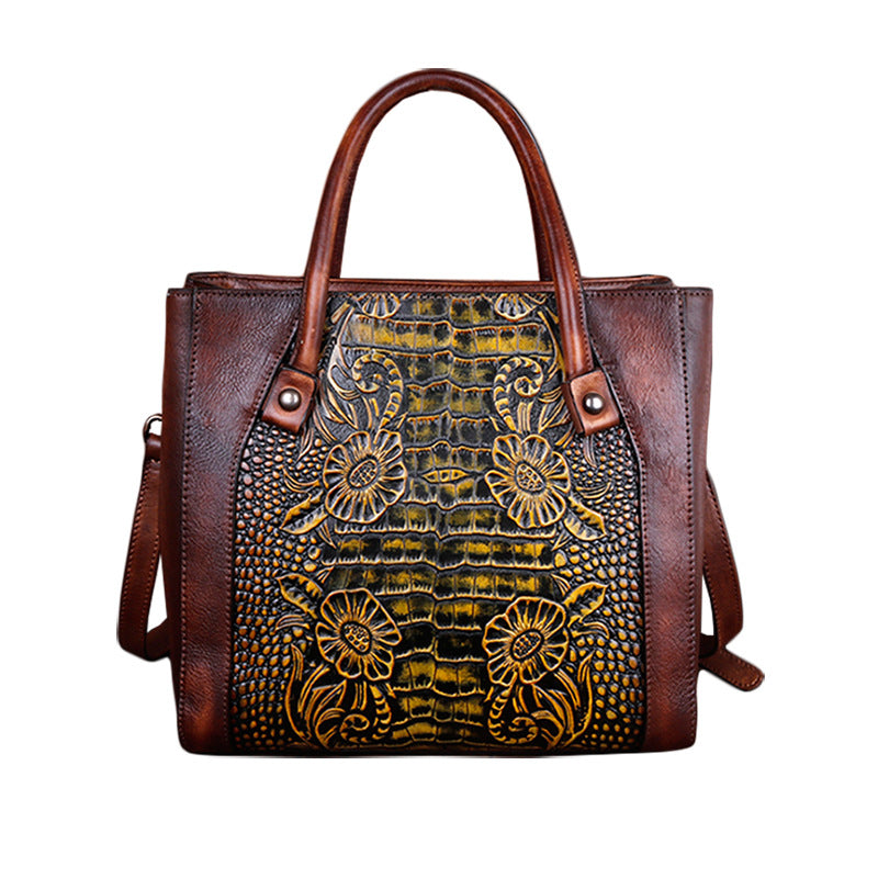 Women's Retro Fashion Embossed Vegetable Tanned Leather Portable Diagonal Bucket Bag