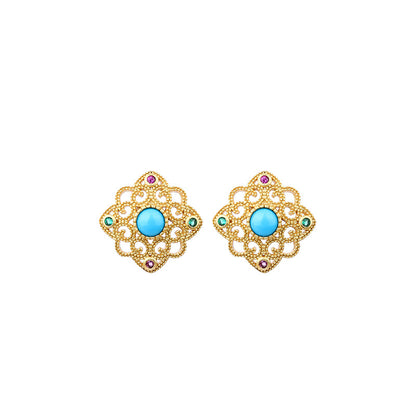 Gold Plated Hollow Filament Inlay Turquoise Earrings