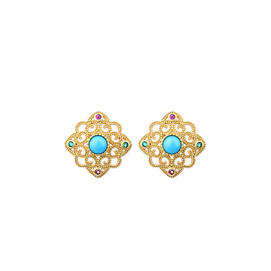 Gold Plated Hollow Filament Inlay Turquoise Earrings