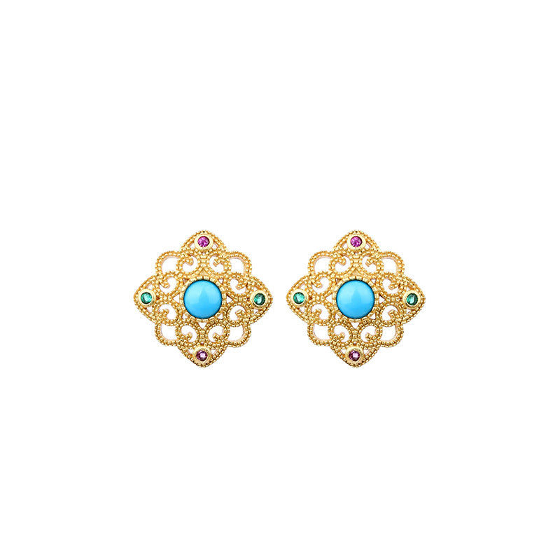 Gold Plated Hollow Filament Inlay Turquoise Earrings